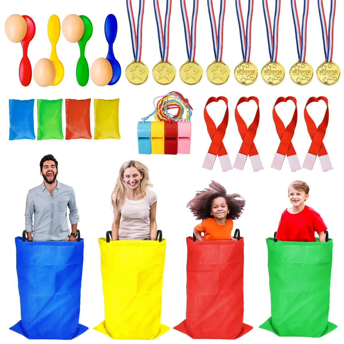 Colorful 32-piece outdoor game set with sack race bags, bean bags, egg spoons, belts, whistles and medals