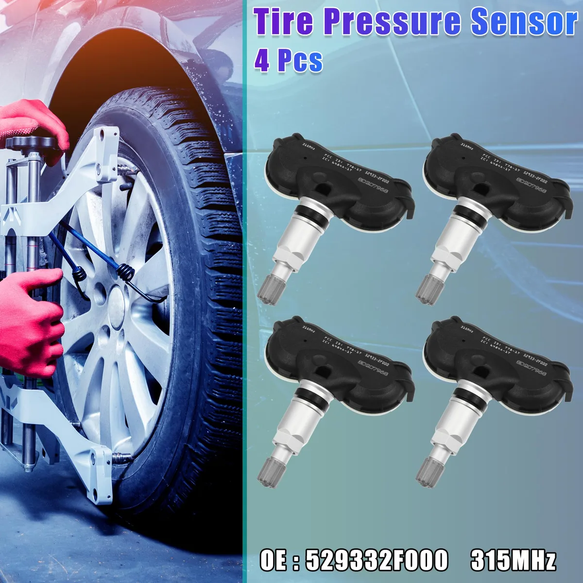 Four black TPMS sensors with metal valve stems and plastic bodies
