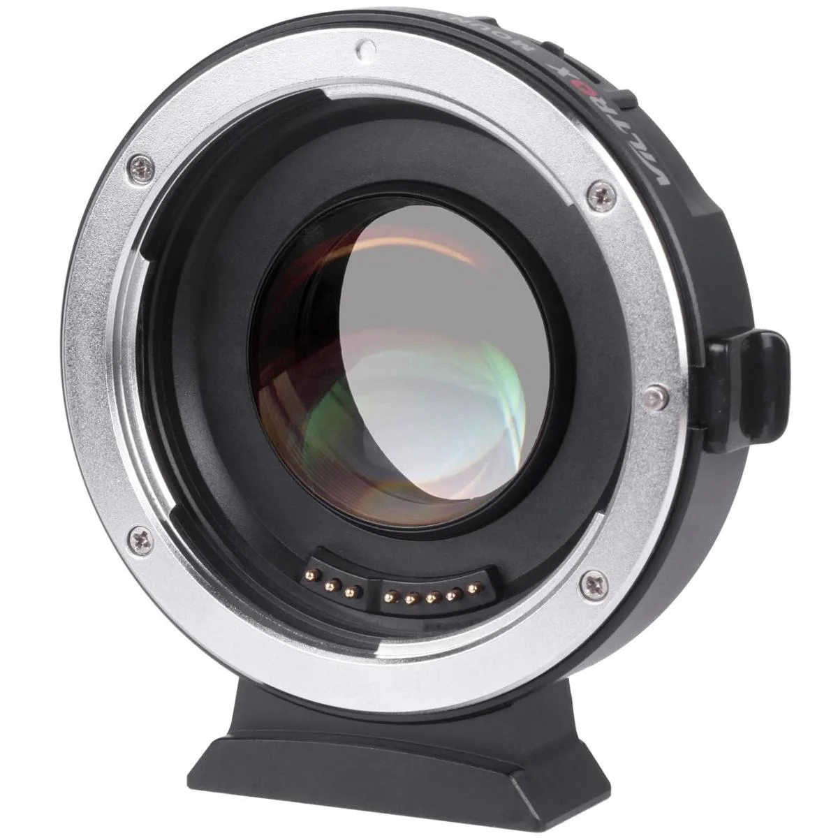 Black metal lens adapter with glass elements, Canon EF to Micro Four Thirds mount, 0.71x focal reducer