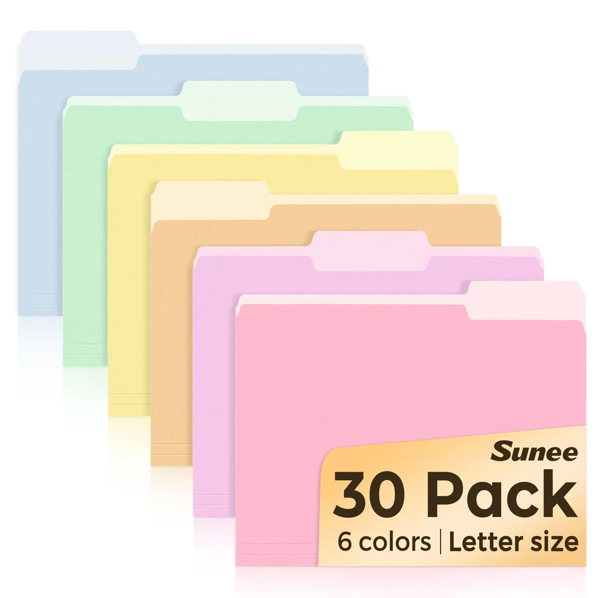 Stack of 30 letter-size manila folders in six colours, 1/3-cut tabs visible
