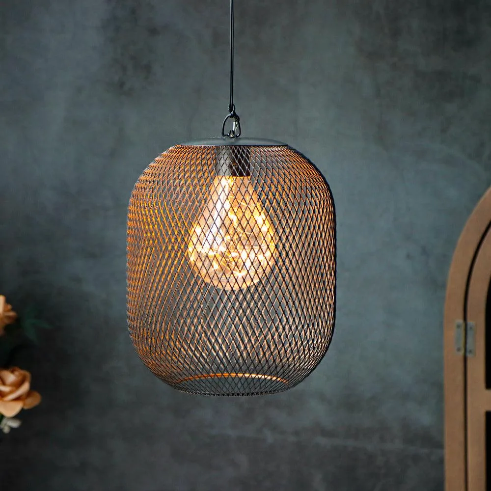 Black metal mesh hanging lantern 8.5 inches tall with LED bulb