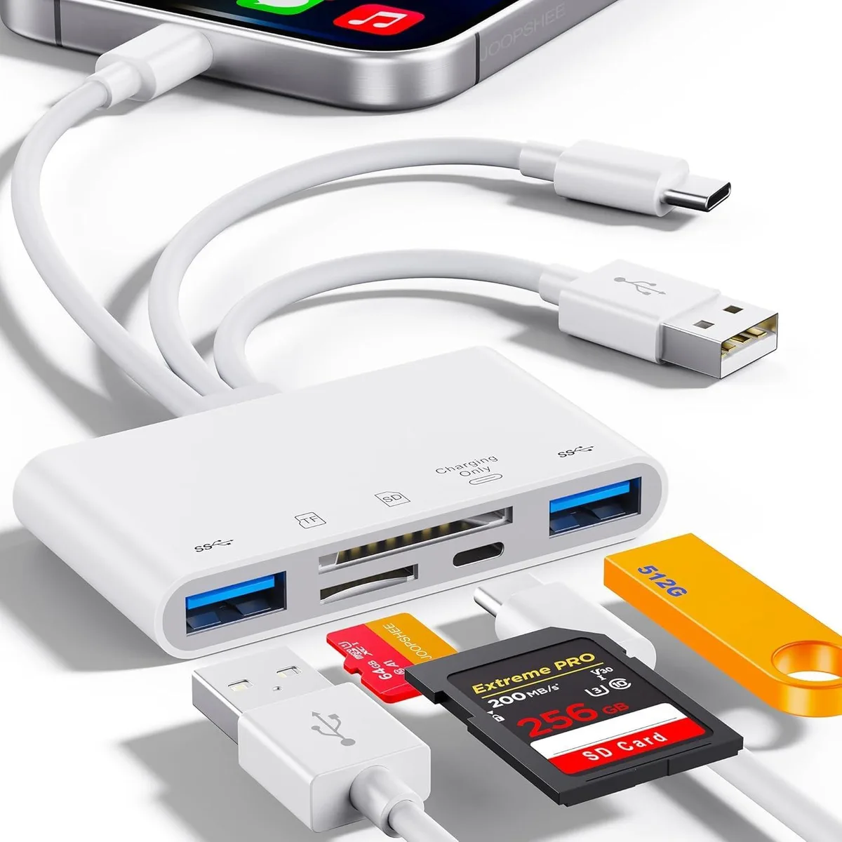 Compact white card reader with USB-C, Lightning, USB-A, SD and microSD slots