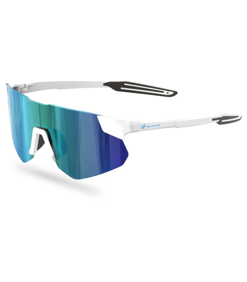 Sky Blue frameless wrap sunglasses with red mirror lenses and matte rubber temples