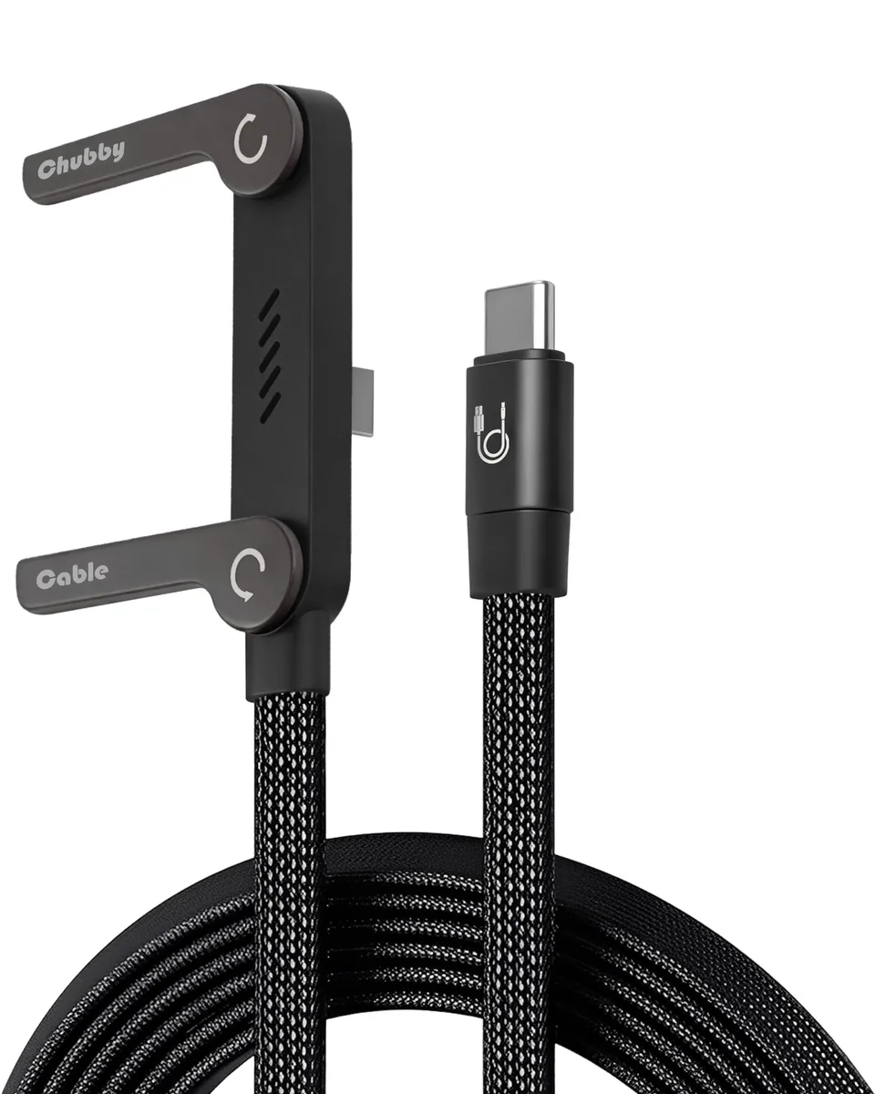 Black braided USB-C cable with right-angle connector and foldable phone stand