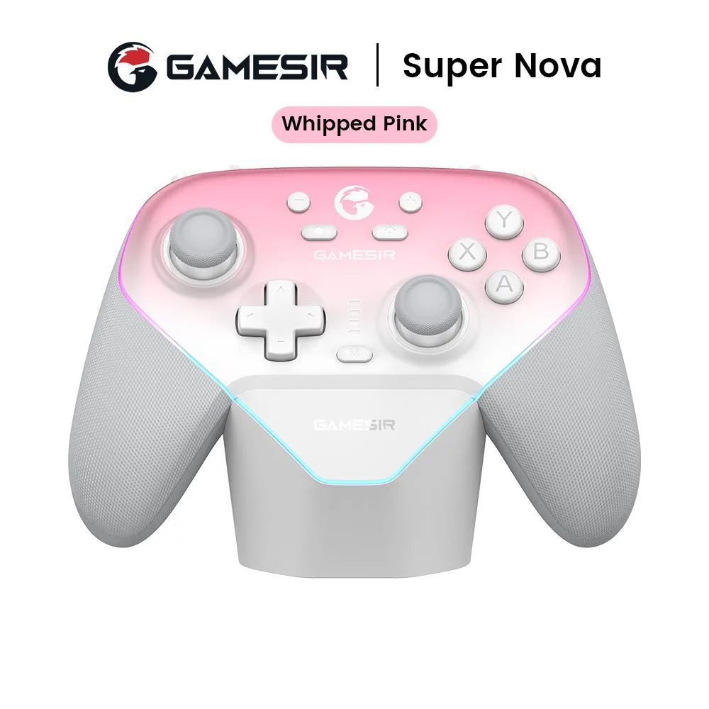 White and pink gamepad with Hall Effect sticks, RGB light strips and detachable faceplate