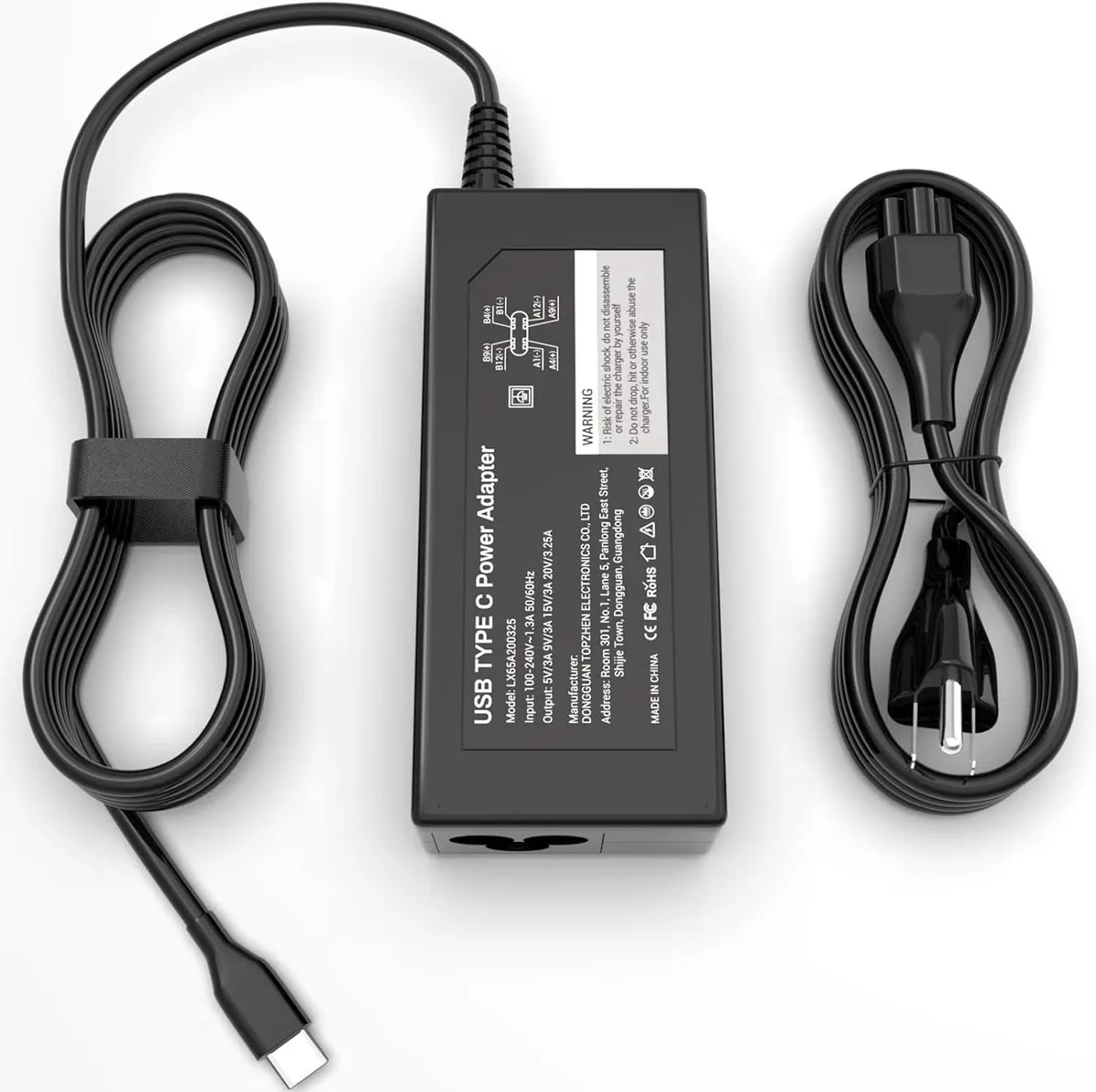 Compact black USB-C power brick with detachable mains lead