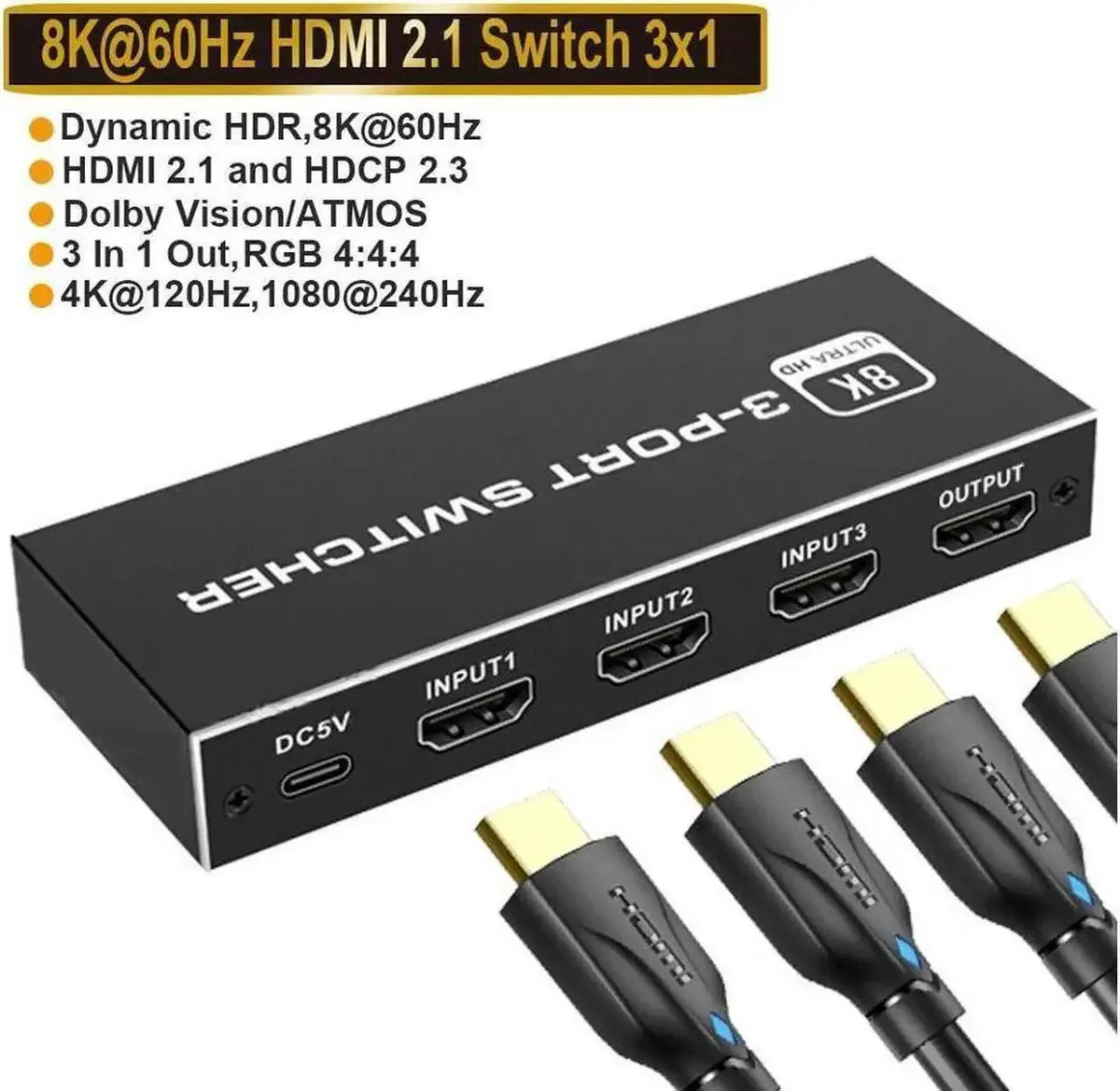 SMUGDESK SMUGDESK 3-in-1 HDMI 2.1 Switch 48Gbps 8K@60Hz 4K@120Hz Black Metal with IR Remote — product photo