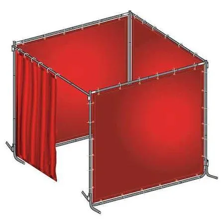 Transparent red PVC welding screen on powder-coated steel frame with platform legs