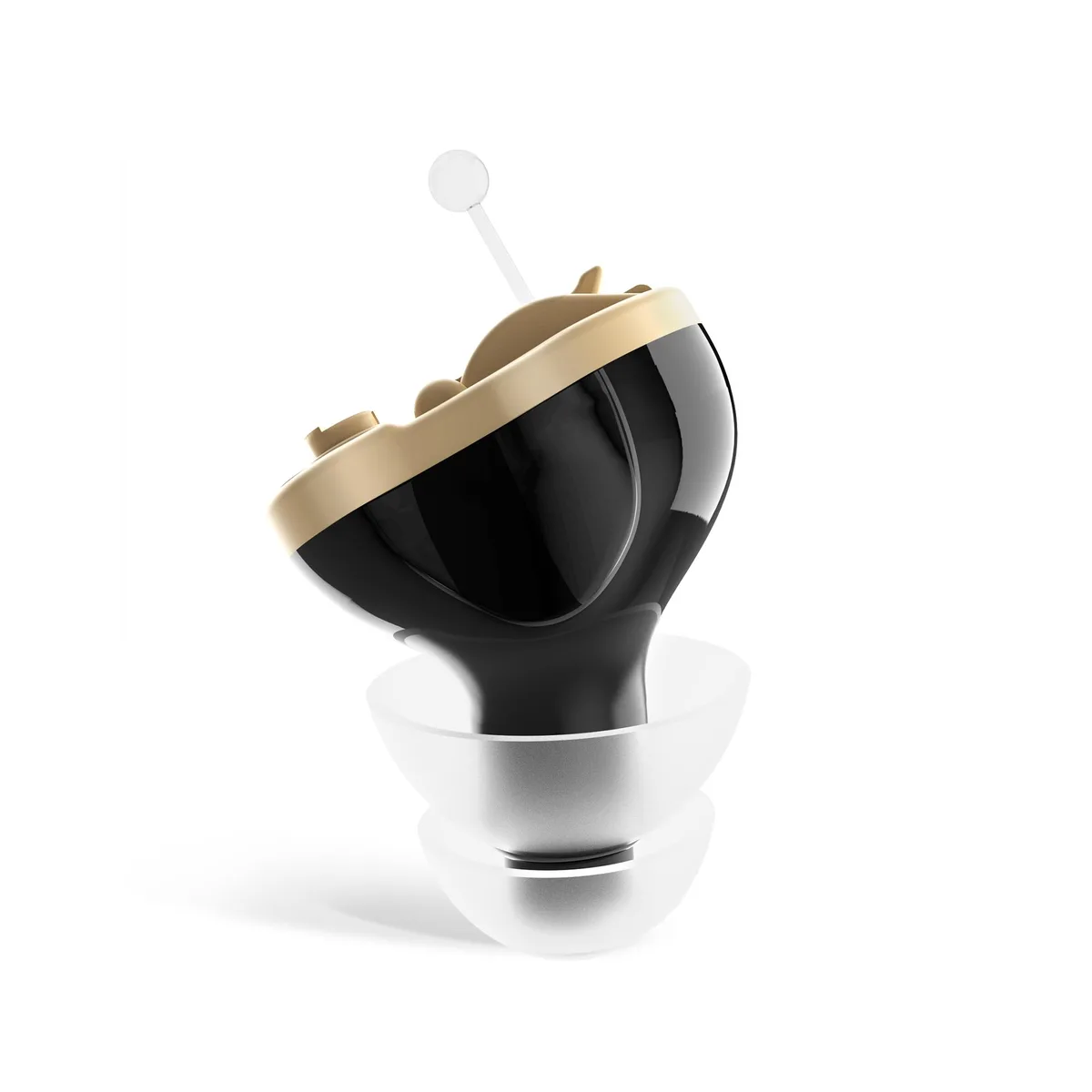 Ten tiny black in-canal hearing amplifiers with domes, batteries and tools
