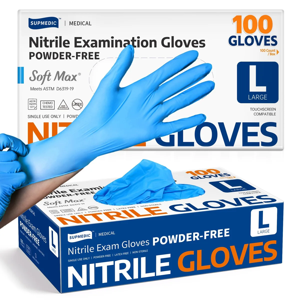 Supmedic SKF 1304 Nitrile Exam Gloves Powder-Free Blue 100 Pcs Large — product photo