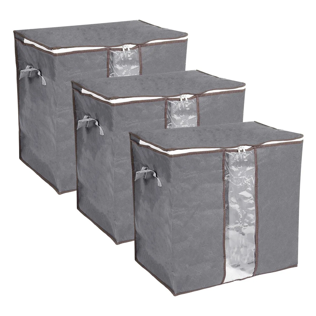 Three grey fabric storage bags, 50 by 36 by 50 cm, with clear front windows, two-way zippers and reinforced handles