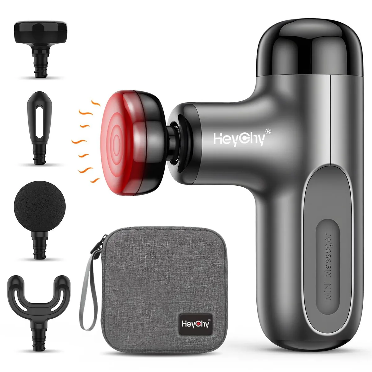 Black T-shaped mini massage gun with four interchangeable heads