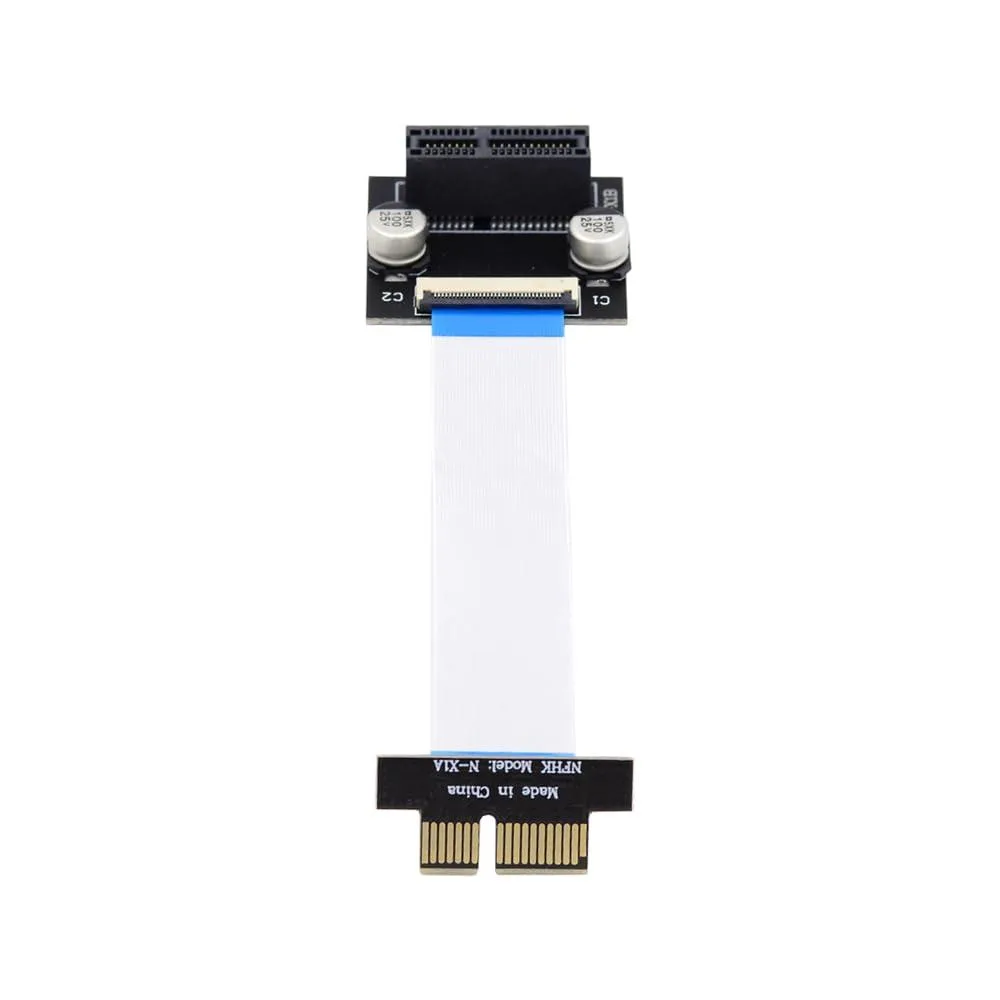 Black flexible ribbon cable with right-angled PCIe 1x connector and supplementary power lead