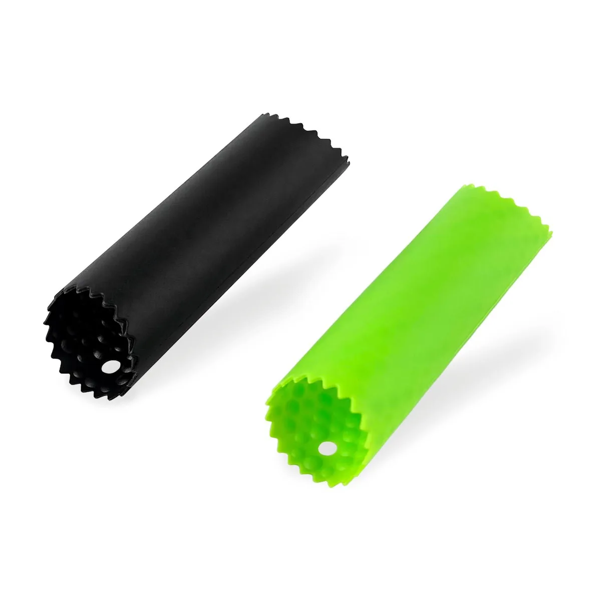 Two silicone garlic peelers, black and green, 5.12 inches long with dimpled interior