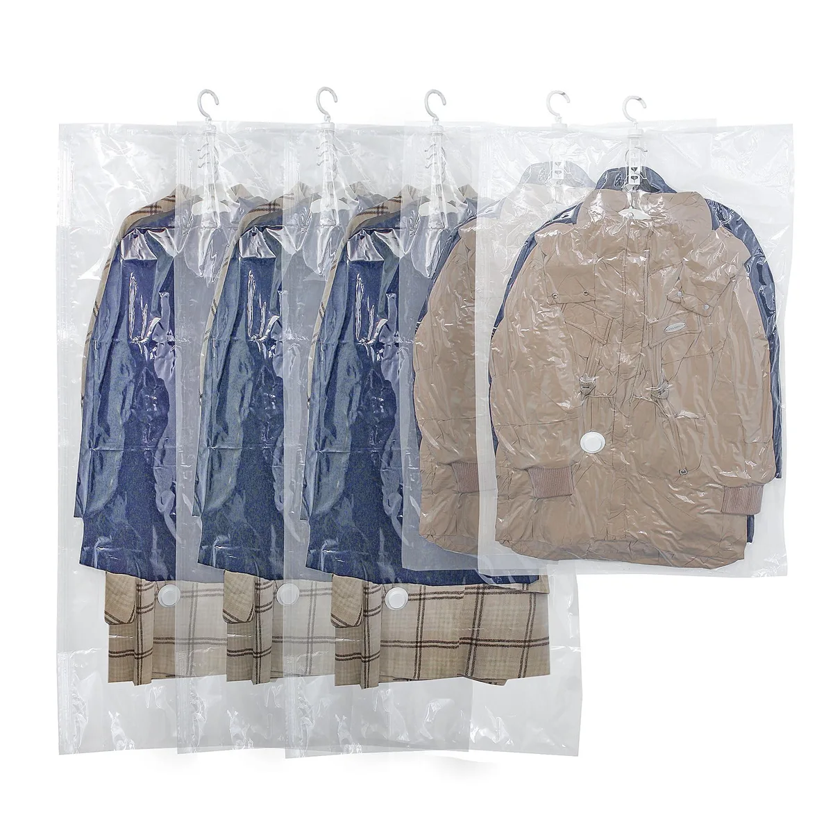 Five clear hanging vacuum bags with reinforced hooks and zip seals