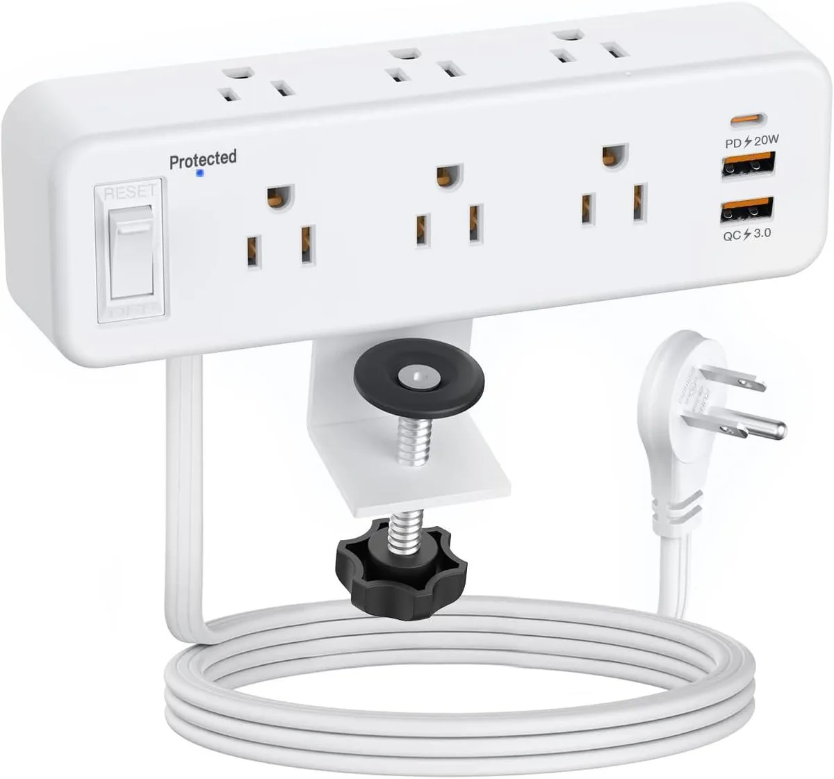 BFKK BFKK Desk Clamp Power Strip PD 20W USB-C 6 Outlet 1.8 inch White — product photo