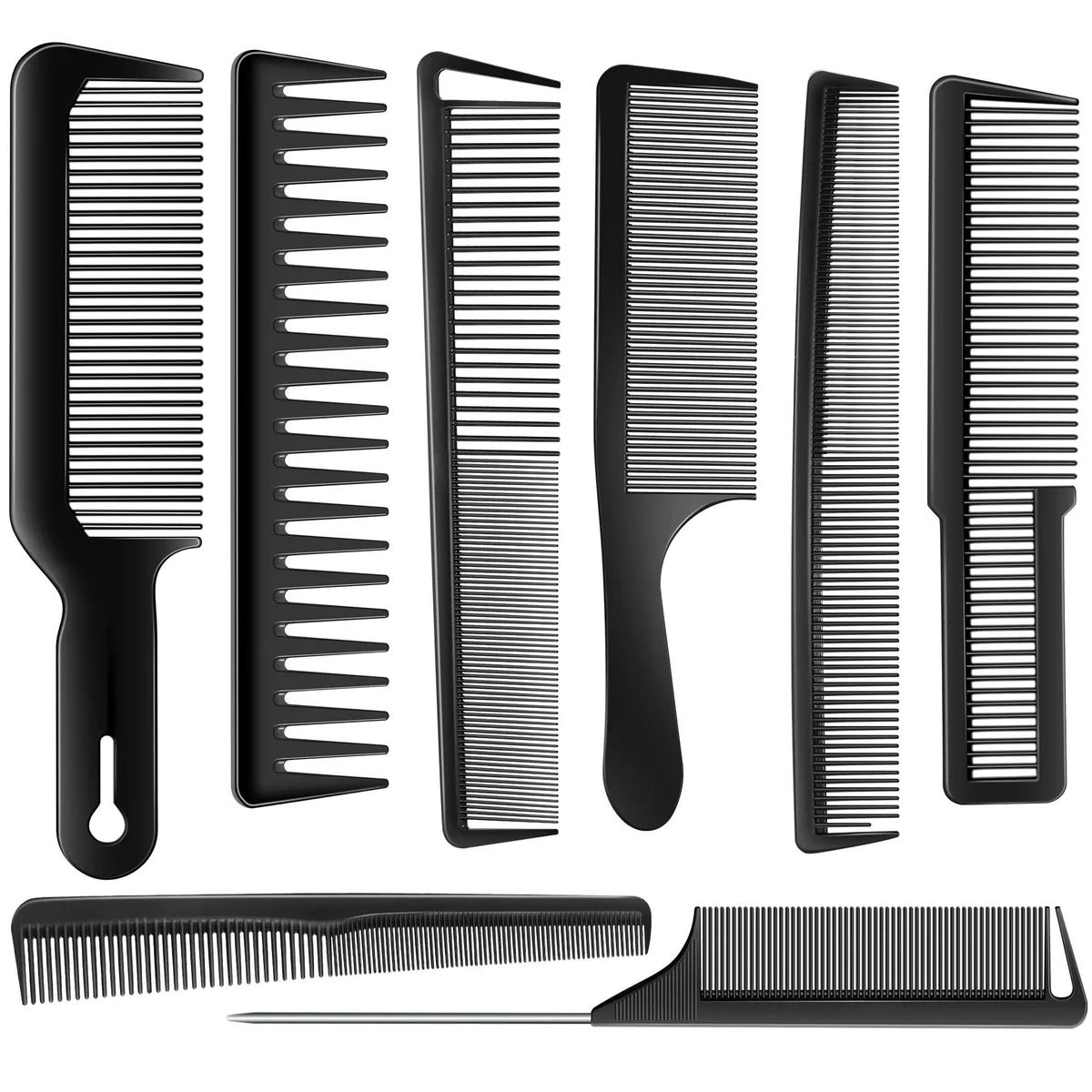 Eight black carbon fibre and ABS styling combs in a set
