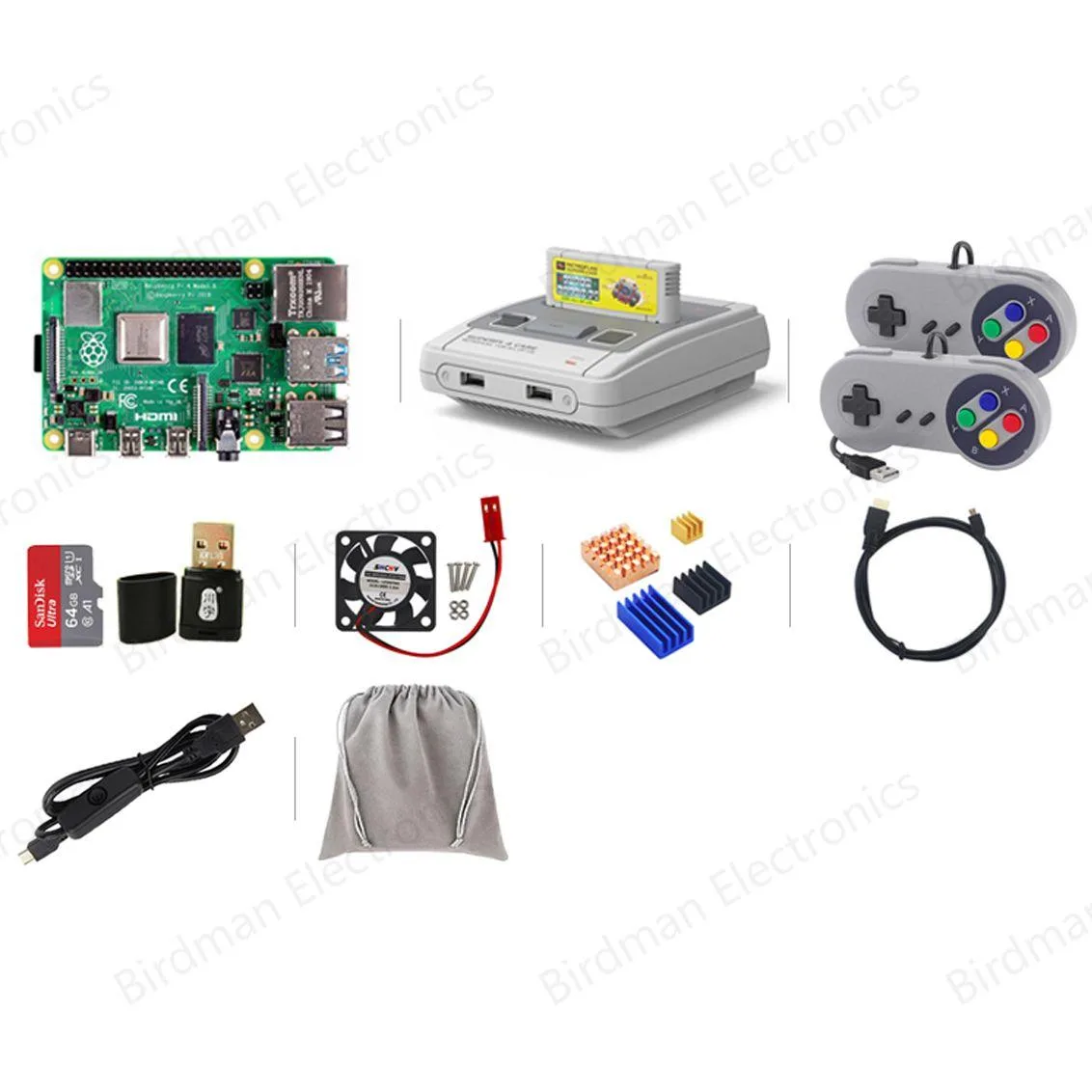 Raspberry Pi 4B board in SuperPi 4 case with joysticks, 64GB card, heatsink fan and cables