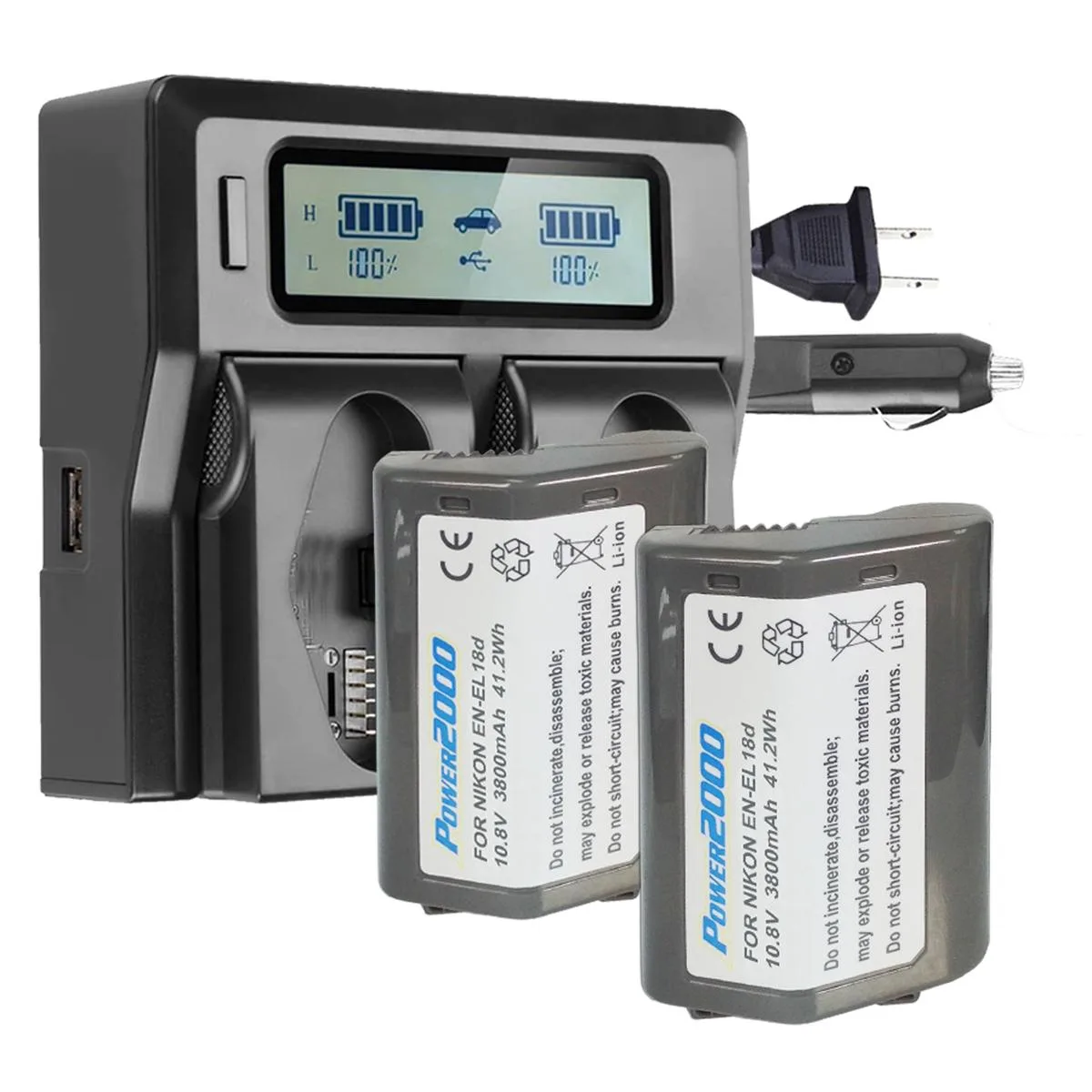 Power2000 Power2000 2x EN-EL18d 3800mAh Li-Ion Battery Kit with Dual LCD Charger — product photo