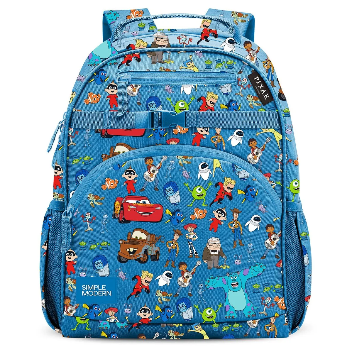 Medium blue polyester backpack with Pixar character graphics, 15 inches tall, padded laptop sleeve, front zip pocket