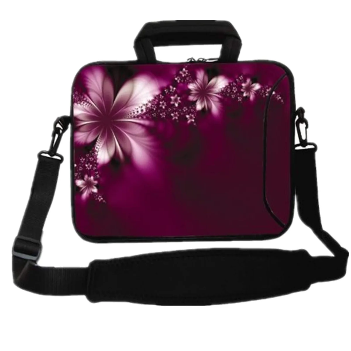 Pink butterfly messenger bag in neoprene with adjustable strap, handle and front zip pocket