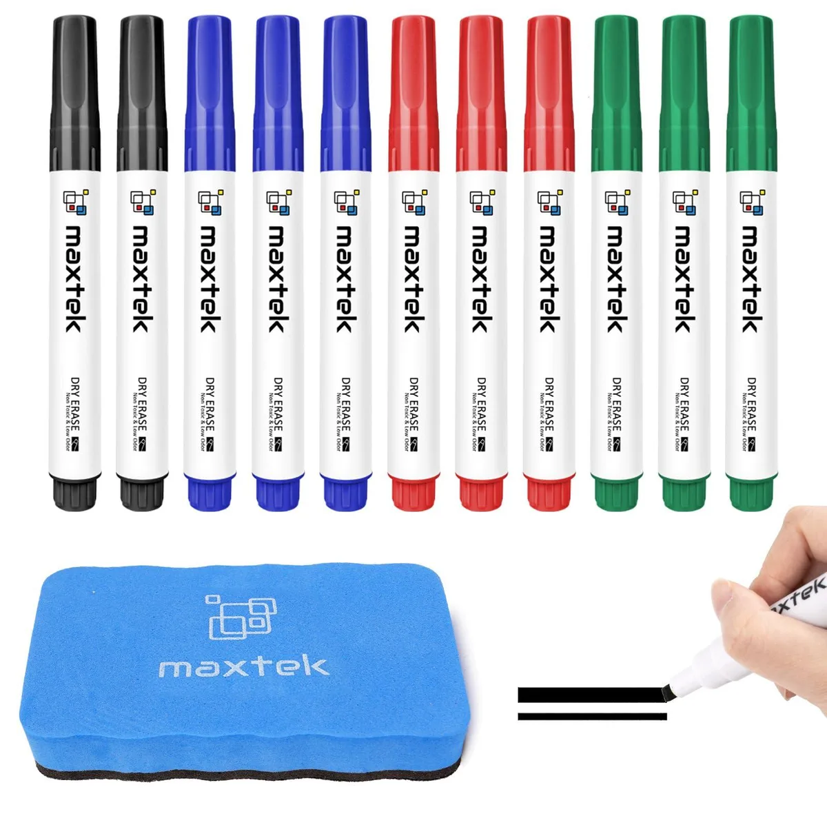 A set of twelve chisel-tip dry-erase markers in black blue green and red with a magnetic eraser