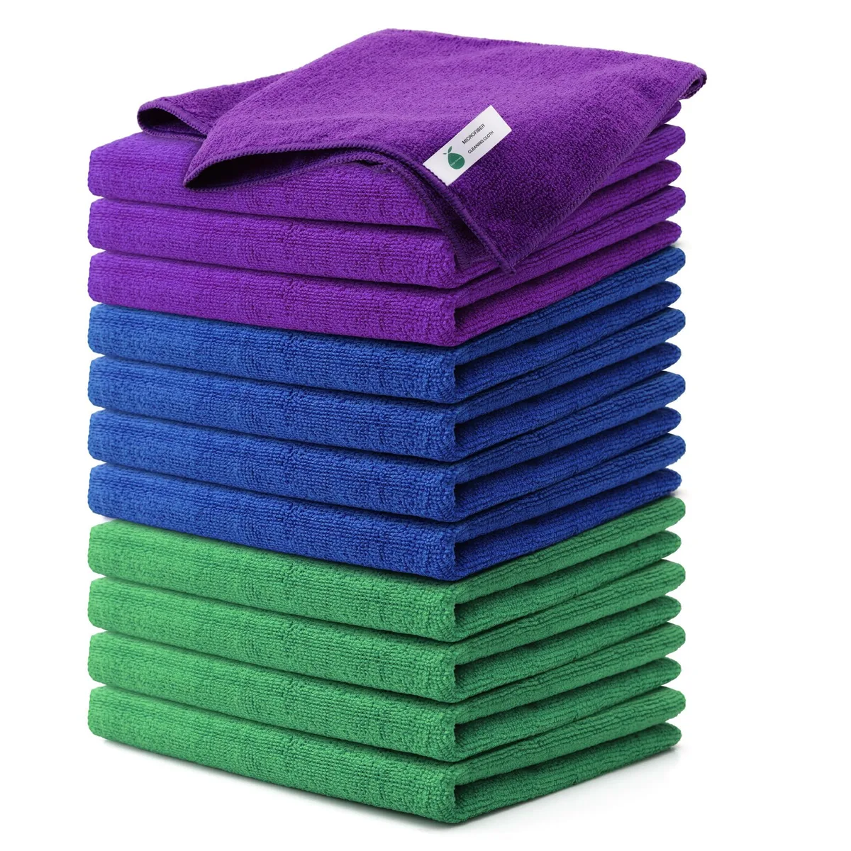 Twelve square microfiber cloths in purple green and blue stacked together