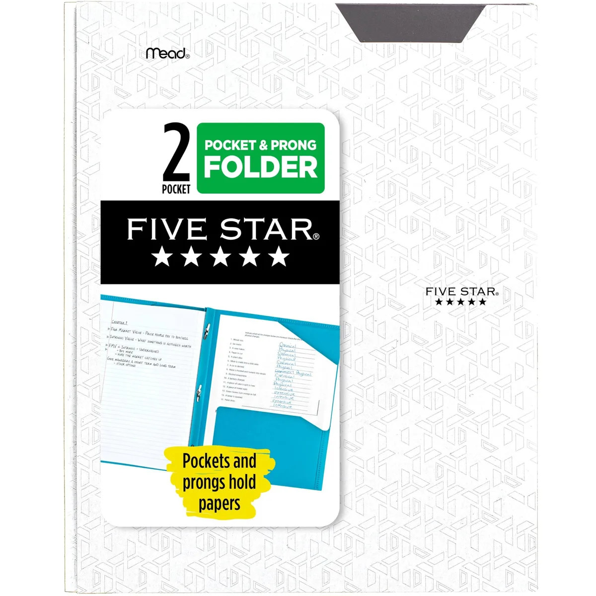 White plastic two-pocket folder with Stay-Put tabs and prong fasteners, letter size