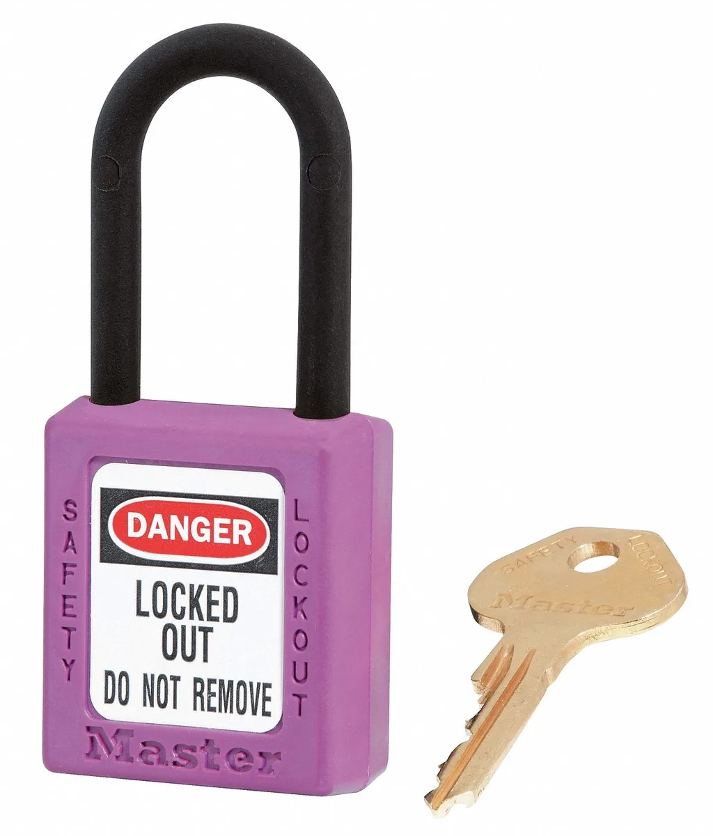 Purple thermoplastic safety padlock with plastic shackle