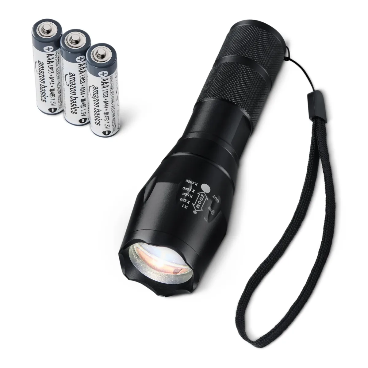 Black cylindrical aluminum flashlight with lanyard, 1.57 inches diameter, 5.43 inches long