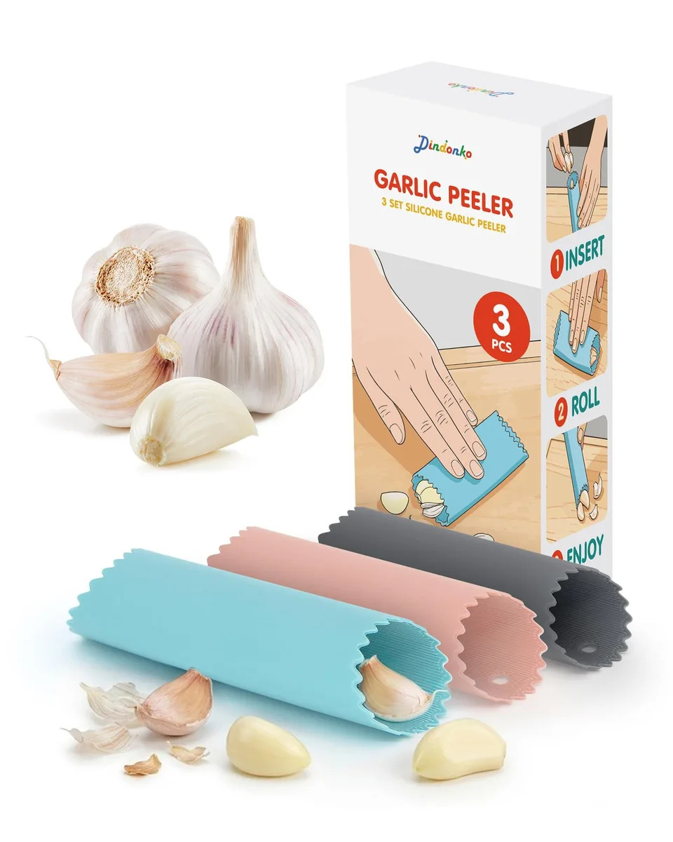 Three blue silicone garlic peeler tubes with ribbed interior and hanging loops