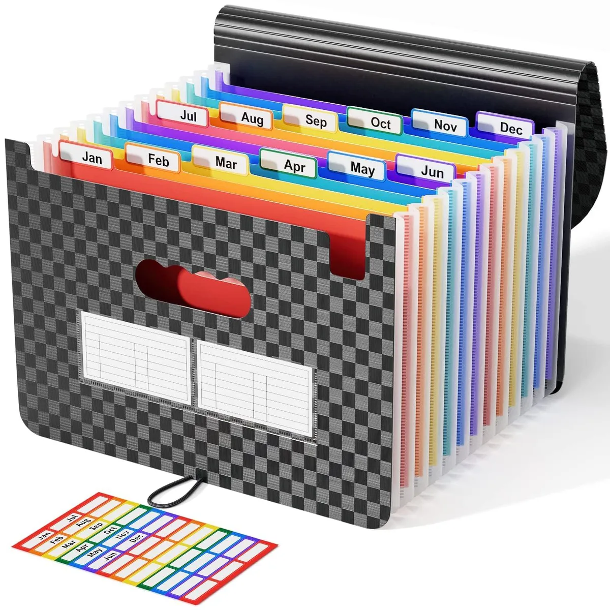 Black matte 12-pocket accordion file folder with colorful A-Z tabs, expandable design