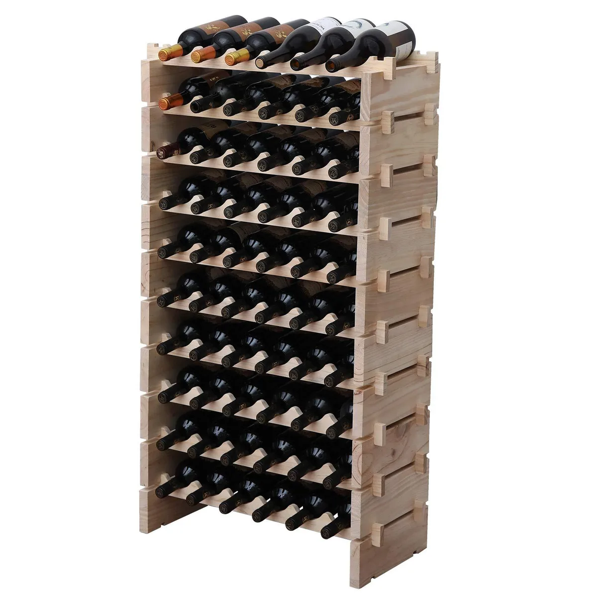 Tall natural pine wine rack with wavy shelves holding sixty bottles