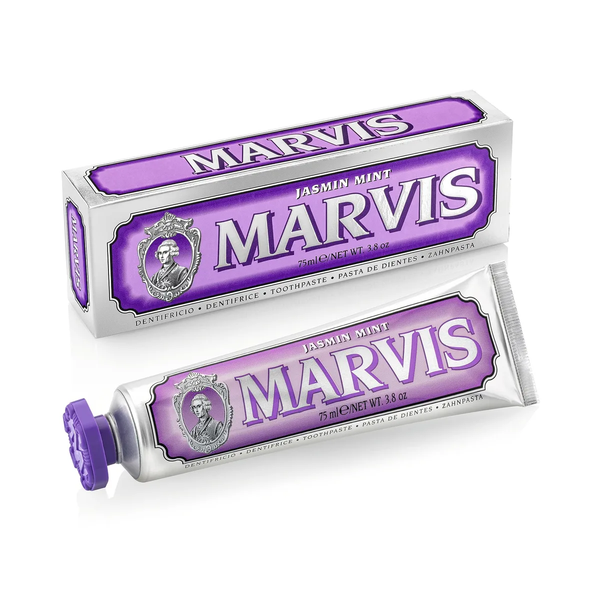 Silver aluminium tube with red cap and black text, 3.8 oz toothpaste