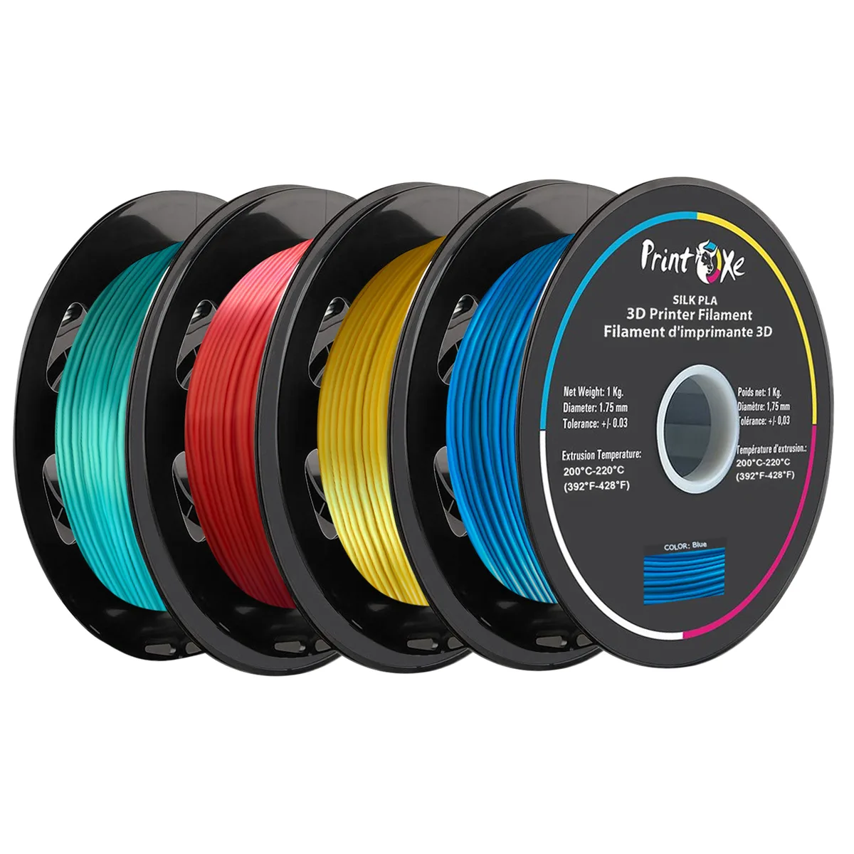PrintOxe PrintOxe PLA like SILK Filament 4 Pack 1.75mm 1kg Each Green Red Yellow Blue +/-0.03mm — product photo