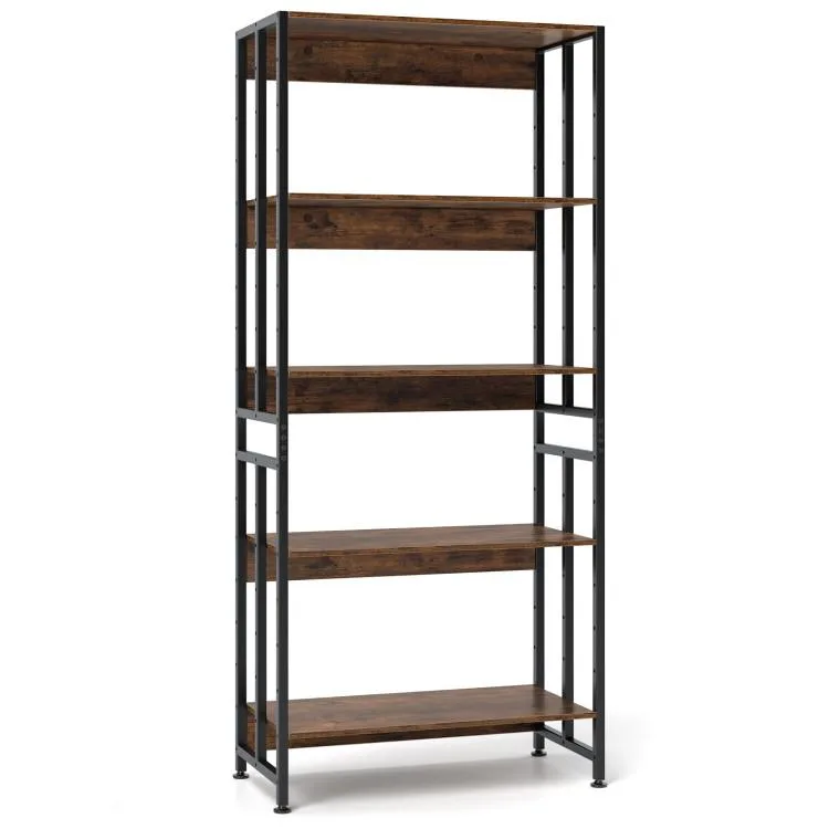Five-tier rustic brown bookshelf with metal frame and adjustable tiltable shelves