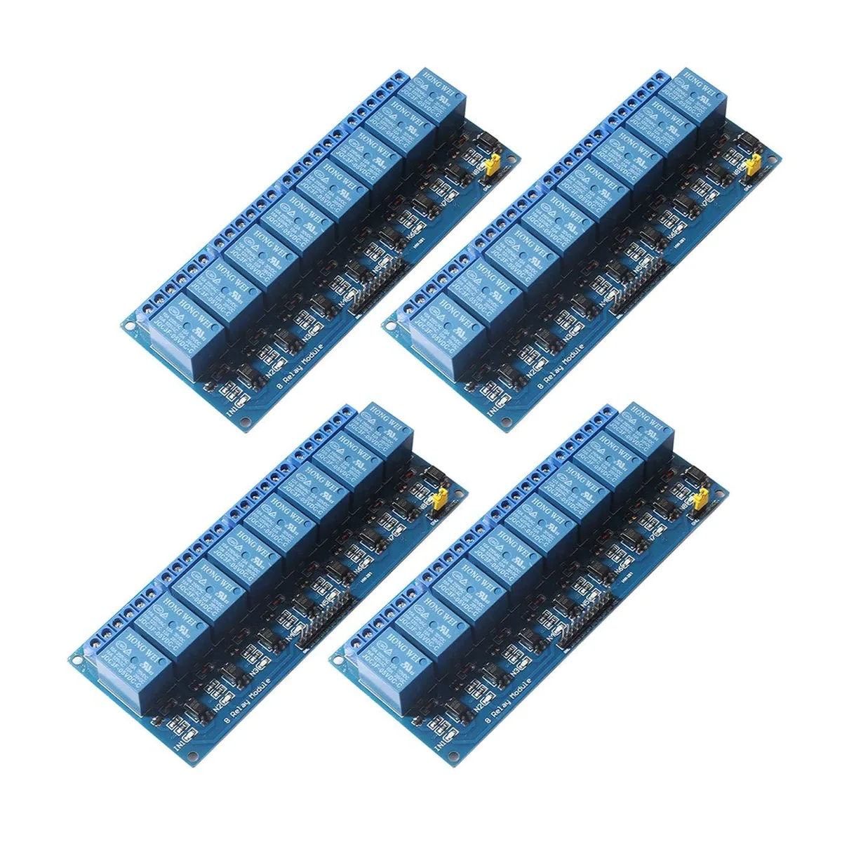 Four green circuit boards each with eight black relay cubes and pin headers
