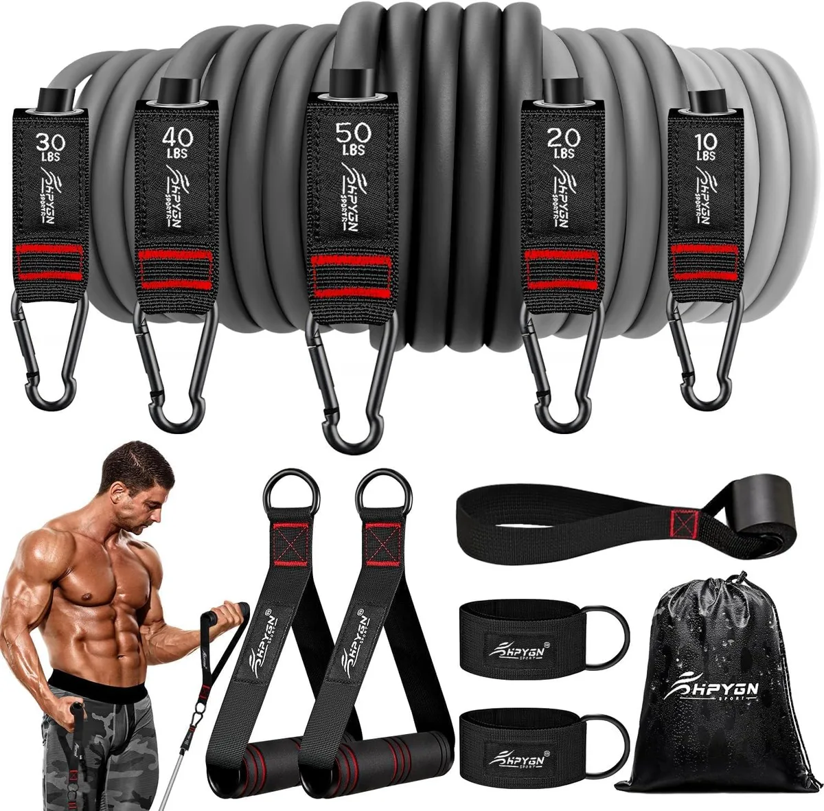 Five black latex resistance bands with handles, door anchor and ankle straps in storage bag
