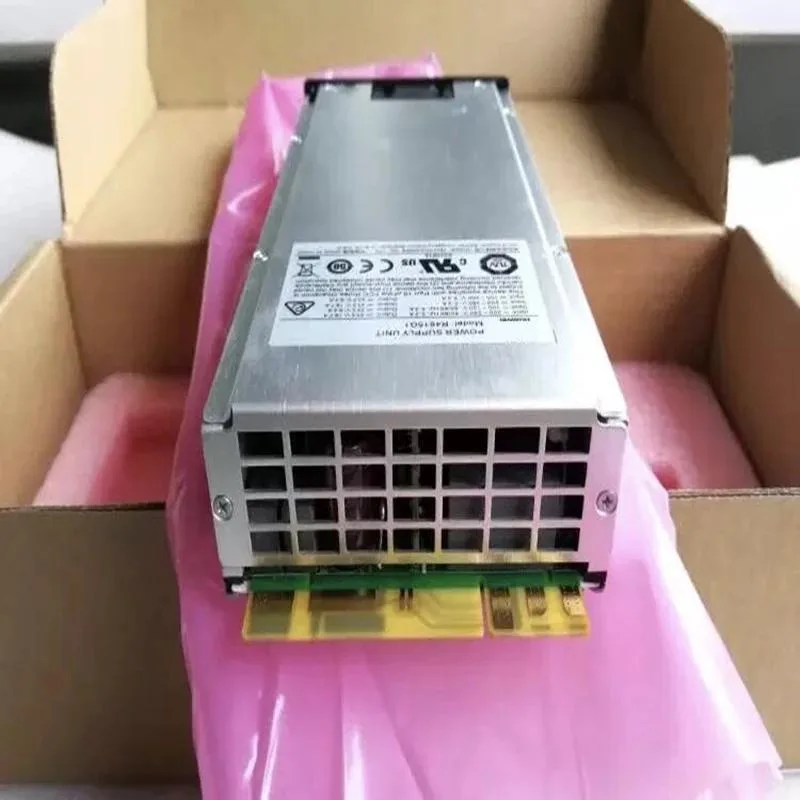 Rectangular silver metal power supply unit with ventilation grilles and label showing 48V 15A