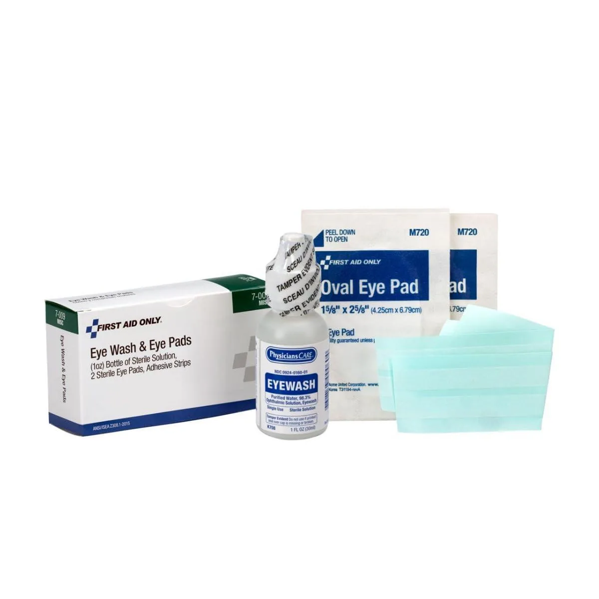 White boxed kit with eye wash bottle, gauze pads and adhesive strips