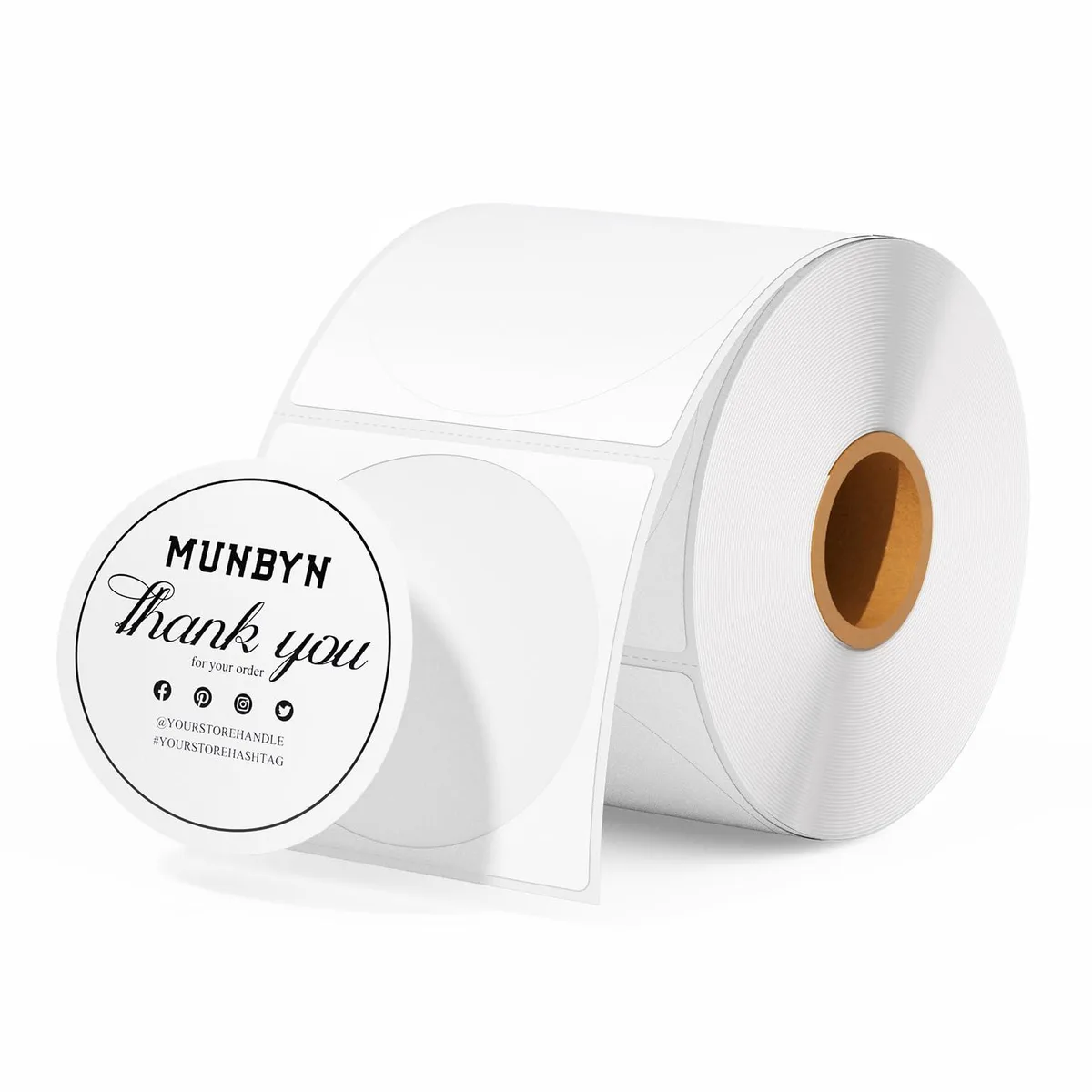 A white roll of 750 circular thermal labels, 2 inch diameter, on a 1.02 inch core