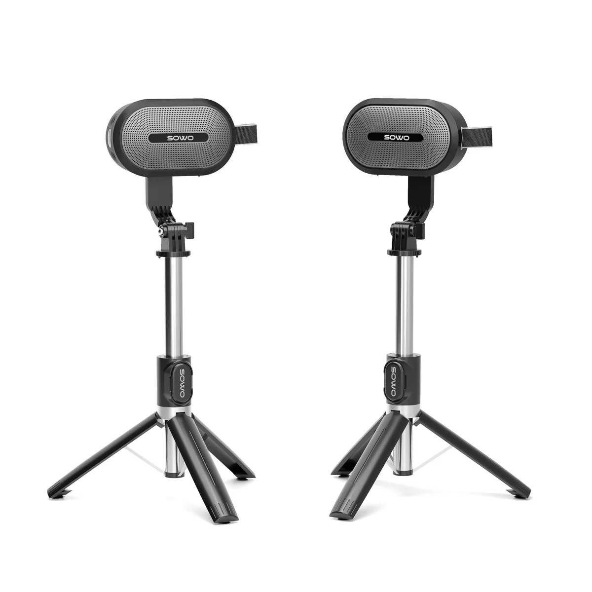 Two black plastic speakers on adjustable stands, compact rectangular shape, matte finish