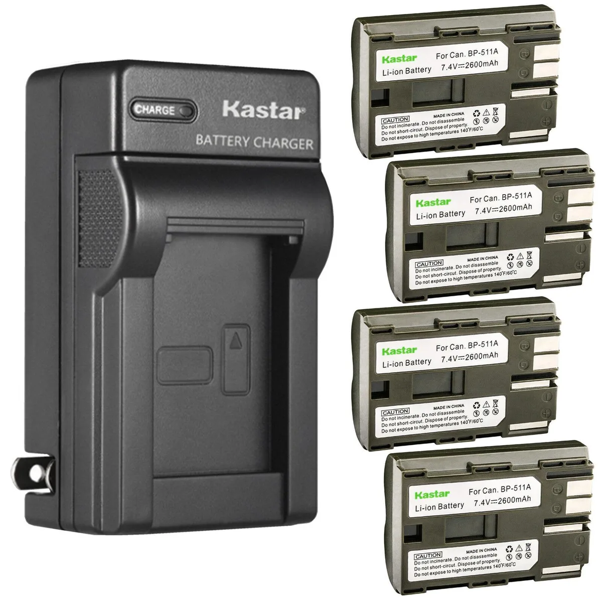 Kastar Kastar 4× BP-511/BP-511A 2600 mAh Li-Ion camera batteries + AC charger — product photo