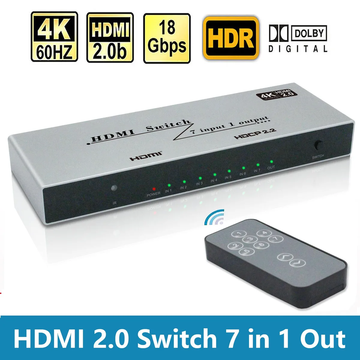 AUTYUE AUTYUE HDMI 2.0 Switch 7 in 1 Out 4K 60Hz Gray 220x75x27mm — product photo