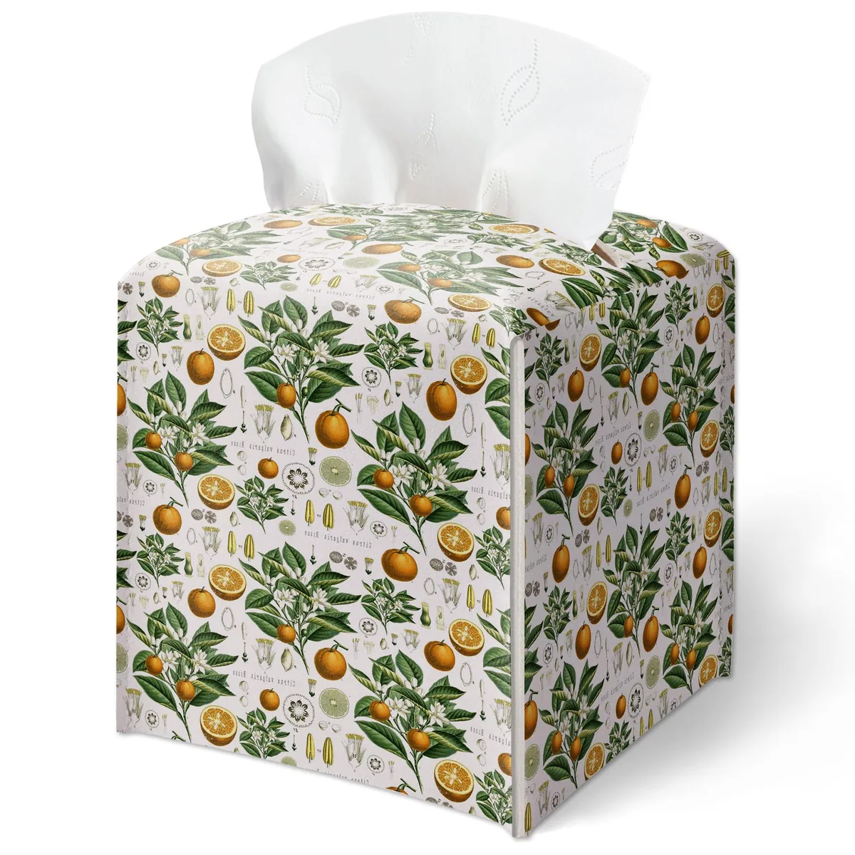 Square orange leather tissue box cover with vintage botanical pattern, 5.2 inches cube