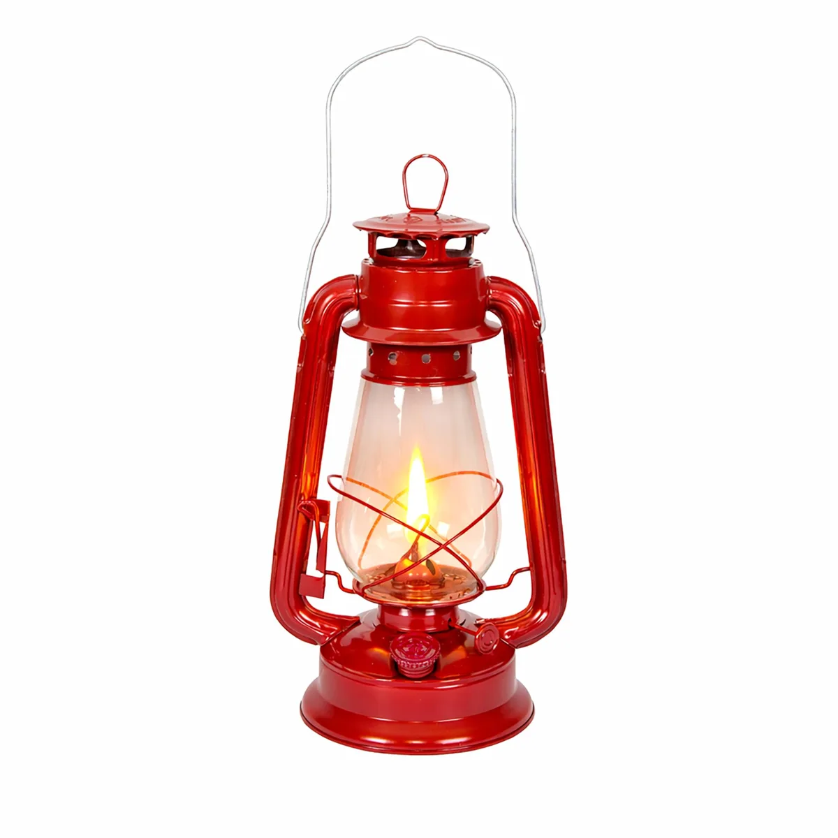 Red metal hurricane lantern with handle, 12 inch height