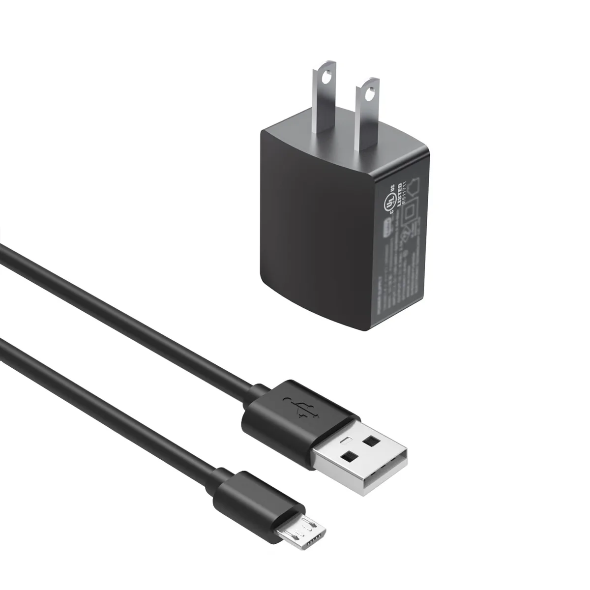 White compact wall adapter with foldable US prongs and a five-foot white Micro-USB cable attached