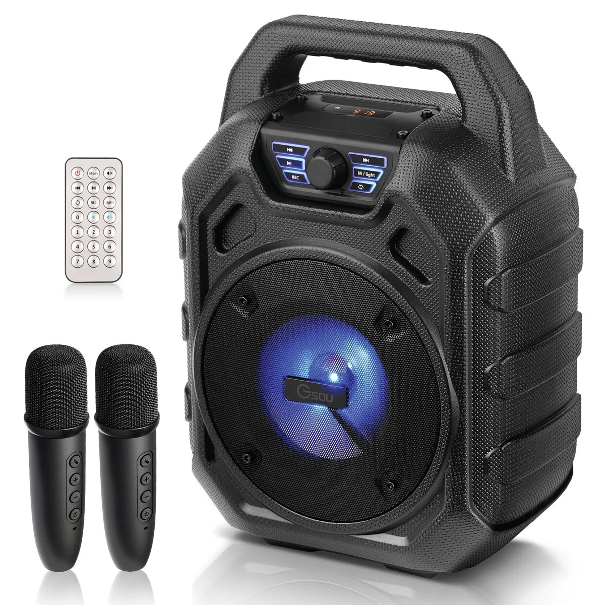 Rectangular karaoke speaker with two wireless mics, dark finish, carry handle, LED light panel, 14.33in wide