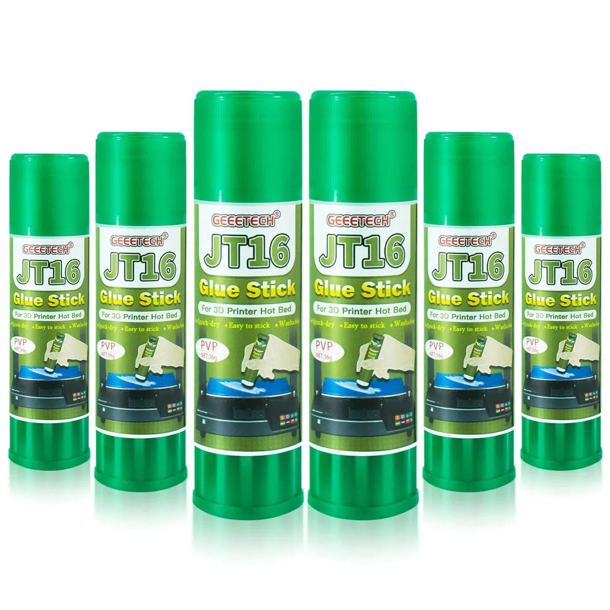 Six green solid glue sticks in retail packaging