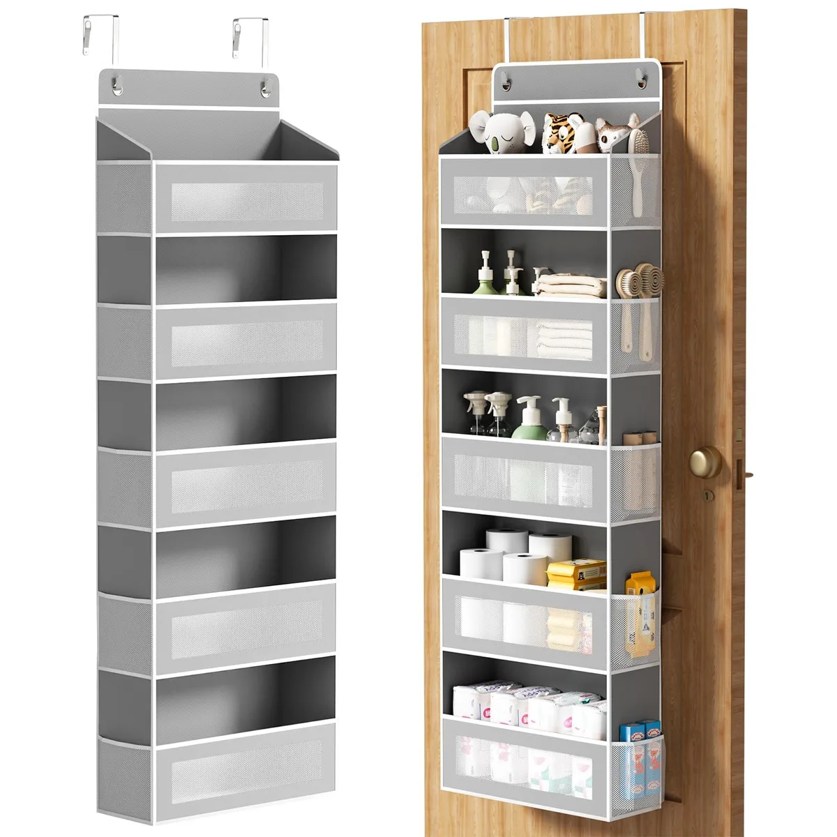 Grey fabric over-door organiser with five front pockets and ten mesh side pockets